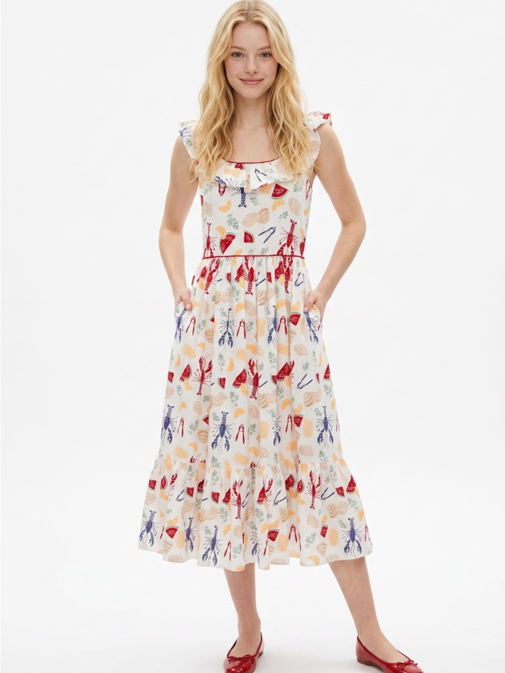 NWT Sperry Cream Midi Dress with Red & Blue Nautical Motif medium